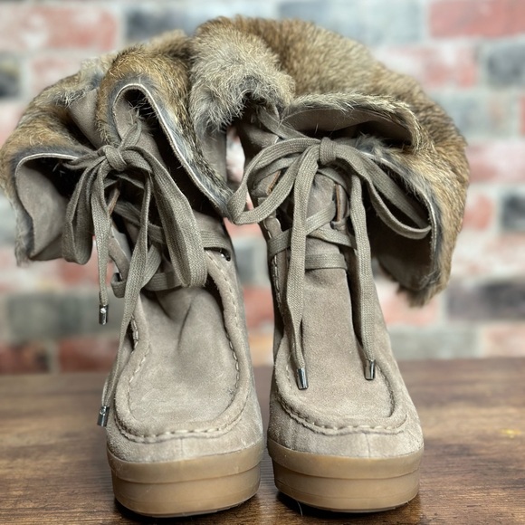 Coach Suede Wedge Boots with Natural Rabbit Fur - Picture 1 of 6